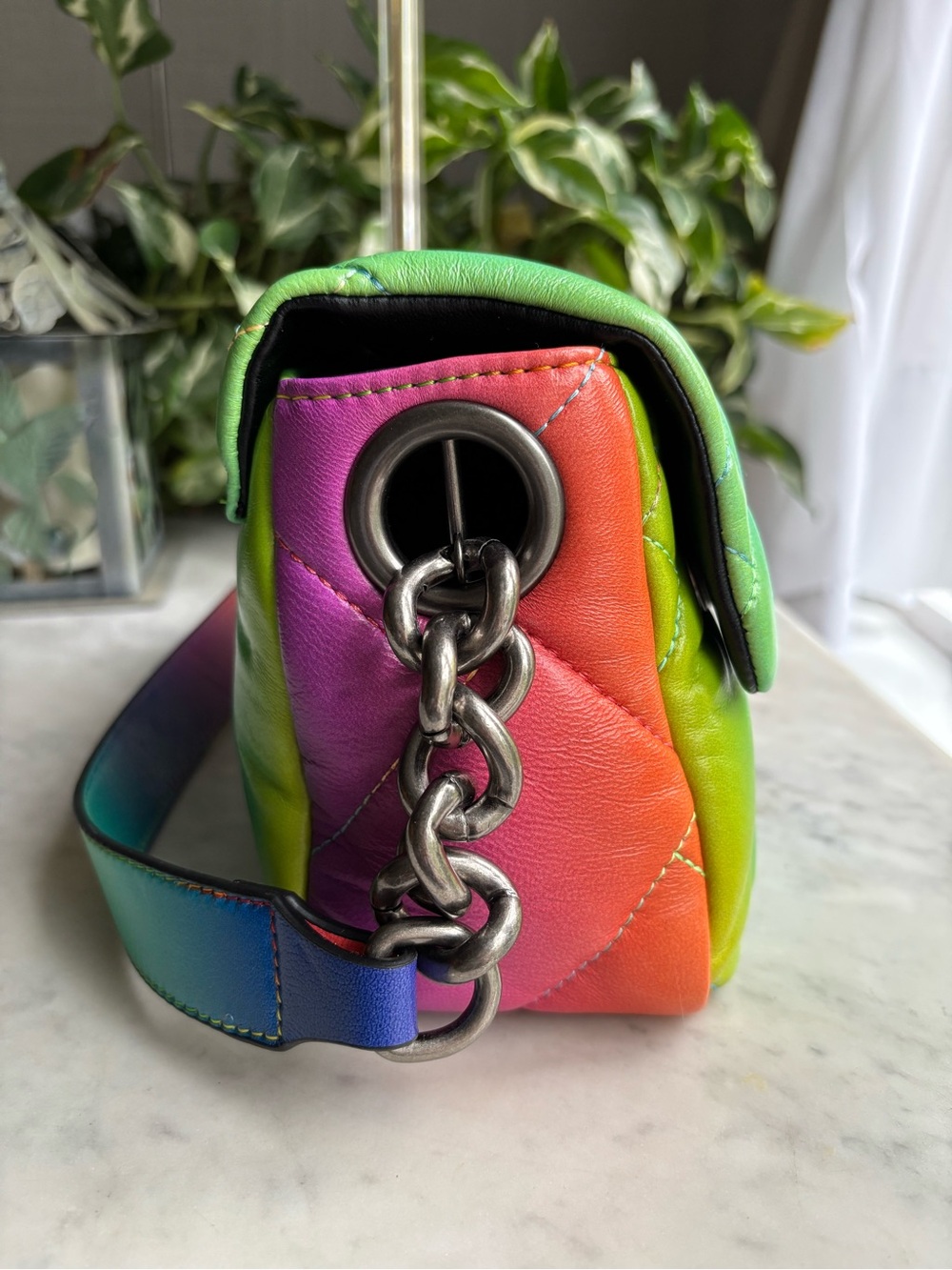 Kurt Geiger Rainbow Quilted Shoulder Bag - Green Blue Purple Pink Orange Red - Picture 3 of 10